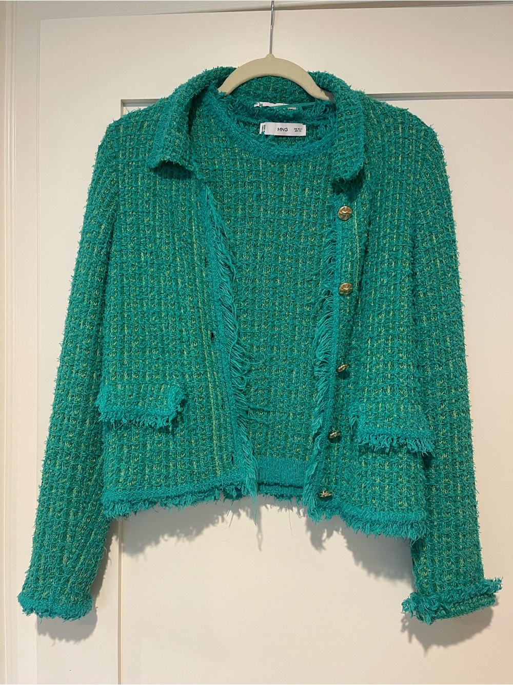 Mango Teal Tweed Fringed Button Cardigan Set